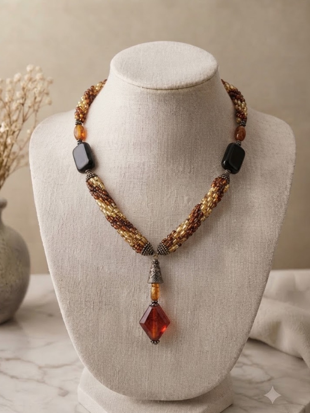Vintage Glass Beaded Amber & Black Choker Necklace with Teardrop Pendant